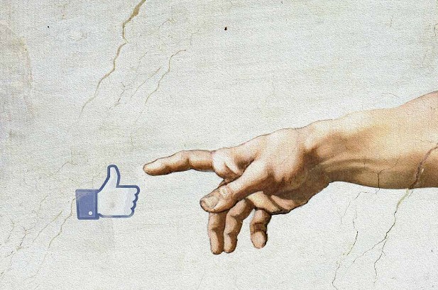 eine nachbildung der erschaffung des adams, auf der statt adam das blaue facebooklogo abgebildet ist