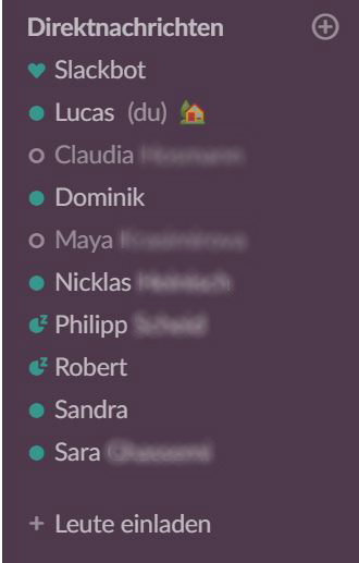Übersicht Direktnachrichten bei Slack