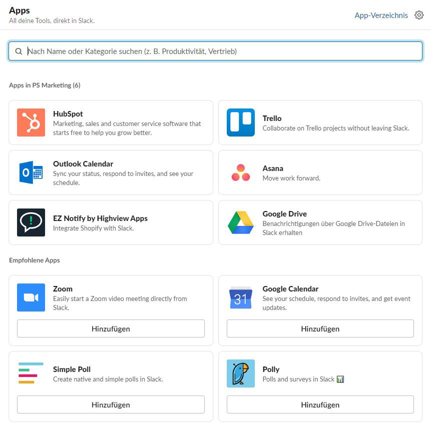 Übersicht über Apps und Tools, die sich direkt mit Slack verbinden lassen