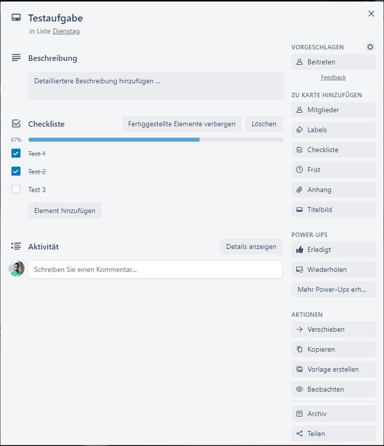 trello optionen bei einer aufgabe screenshot