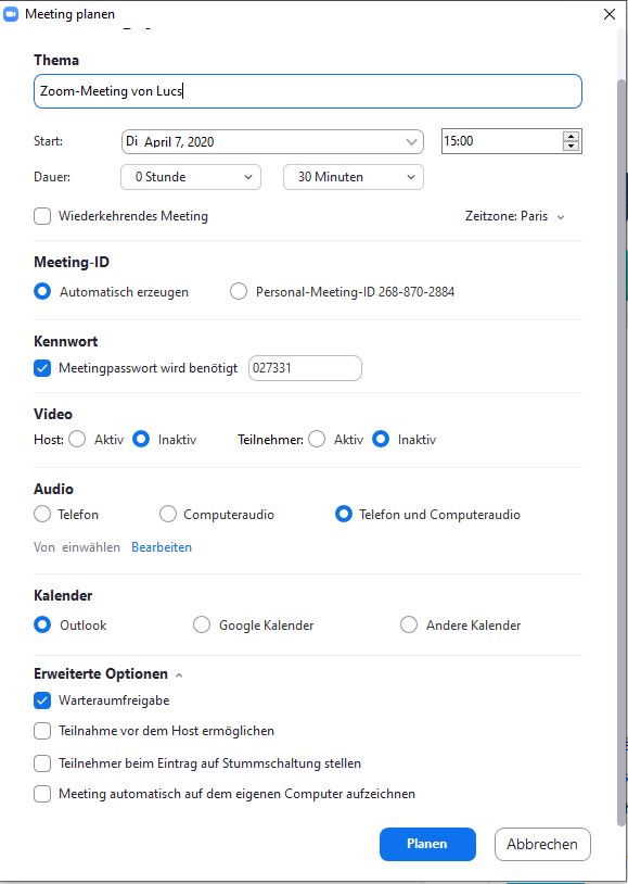 einstellungsfenster um meetings in zoom zu planen