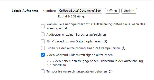 einstellungen zu videoaufzeichnungen in zoom screenshot