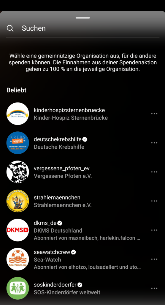 instagram storyoption spende am handy