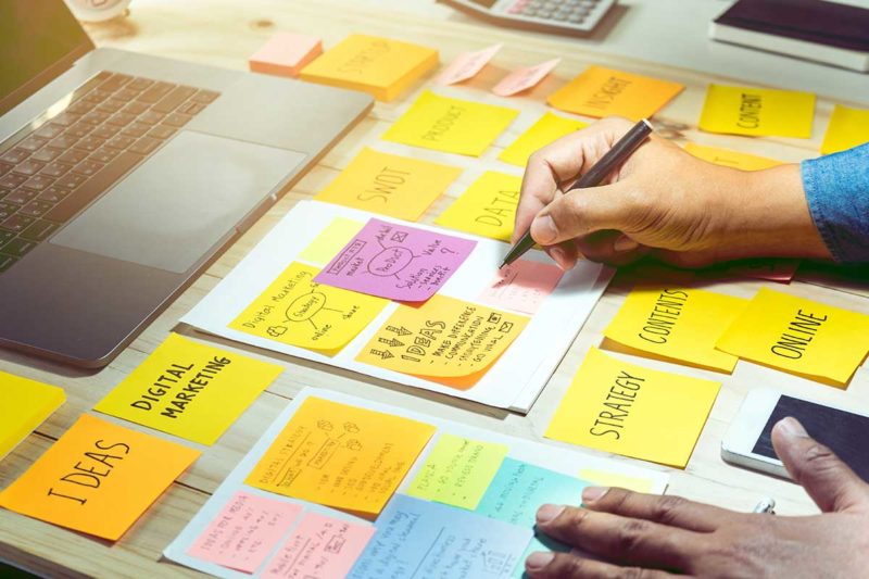 Schreibtisch mit Zetteln, die zur Vorbereitung des Content Plans genutzt werden