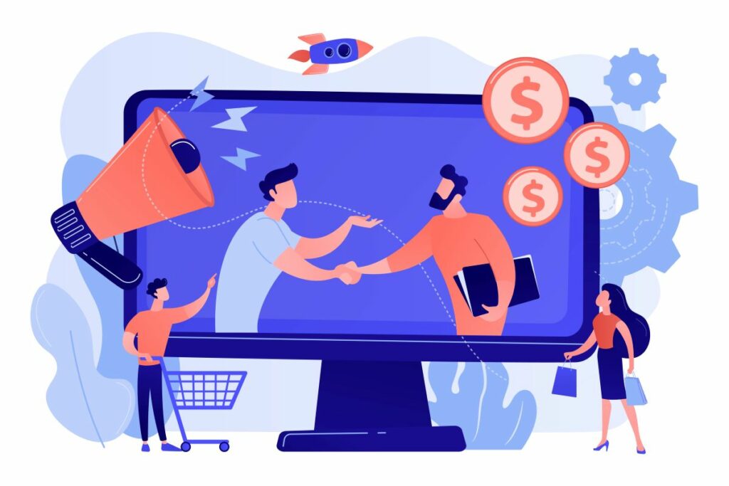 bildschirm-zeigt-kunden-und-händler-die-durch-affiliate-marketing-zueinander-gekommen-sind